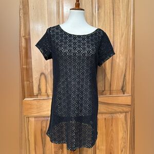 Roxy Sheer Black Crochet/Lace Coverup Pop of Neon Yellow Collar/Cuffs/Hem EUC XL